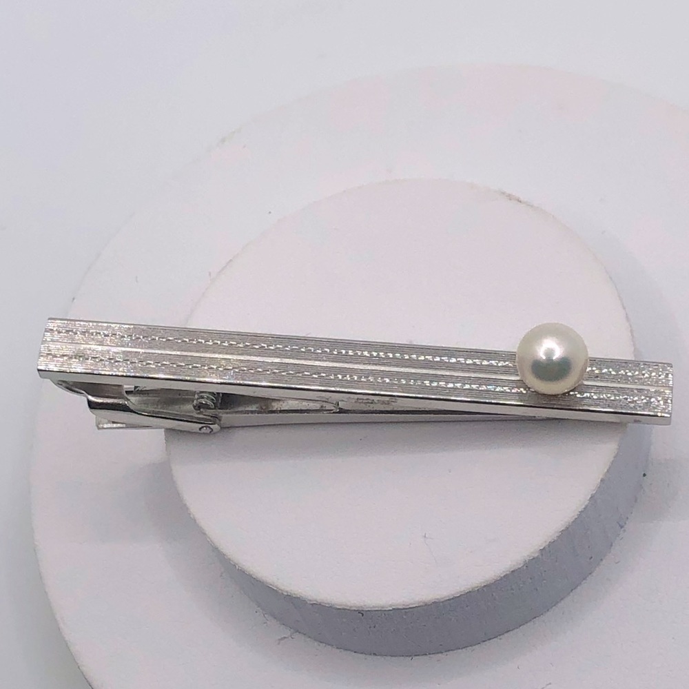 Vtg MCM Sterling & Akoya Pearl Tie Bar Clip 2.4” / 7mm Pearl